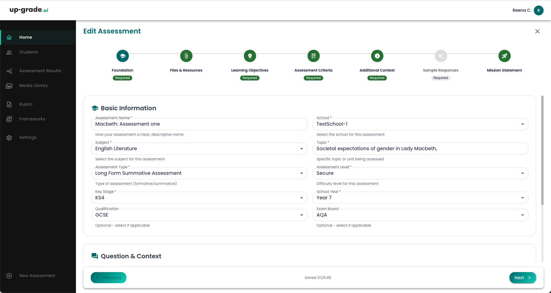 Tutor Portal - Edit Assessment interface showing form fields for creating assessments